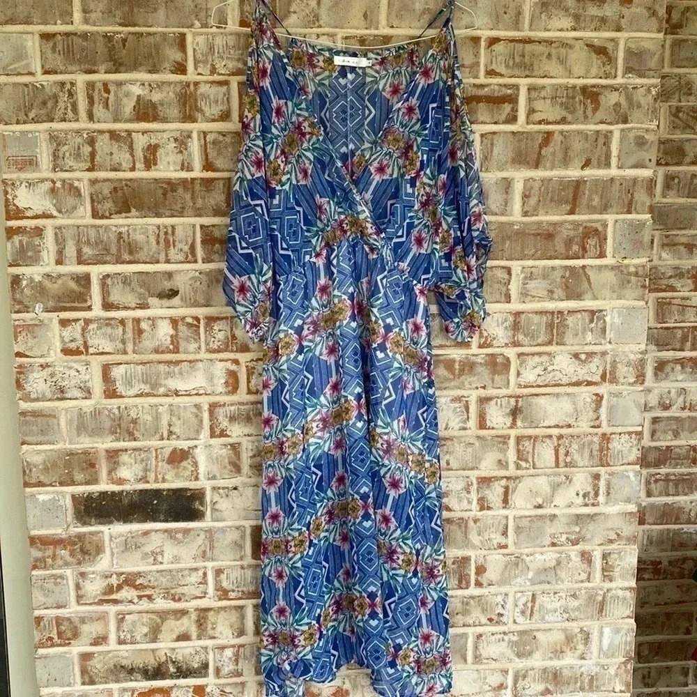 Ark n c. Blue Geometric Floral Sheer Cold Shoulder Maxi Dress